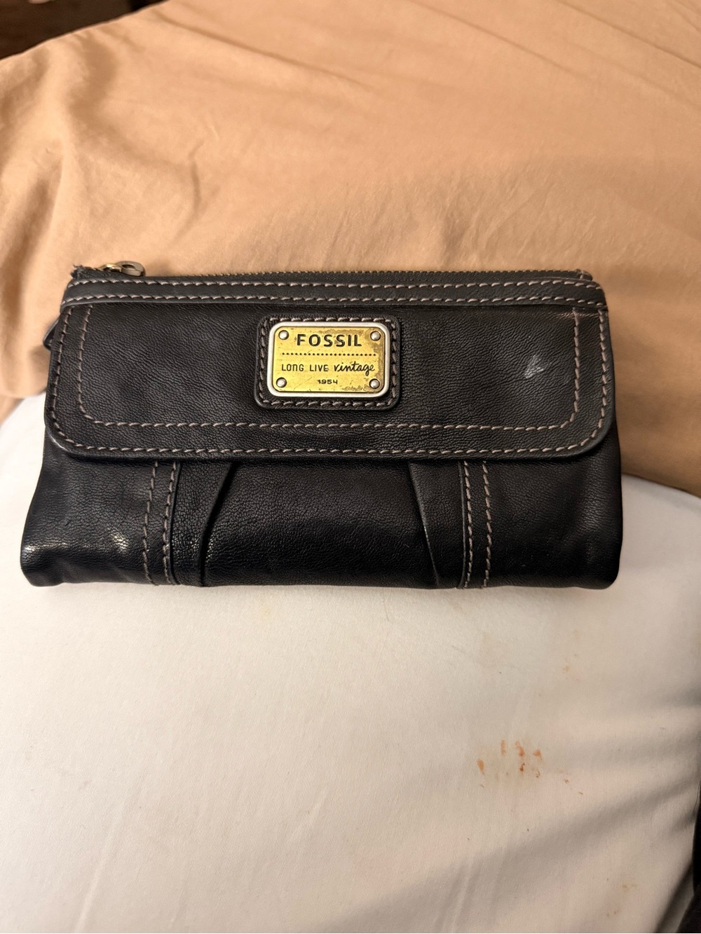 Fossil Black Leather Wallet with Gold Logo Plate
